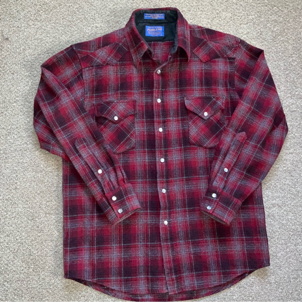 Pendleton mens 100% Virgin Wool Medium Plaid Western Canyon Pearl Snap Shirt